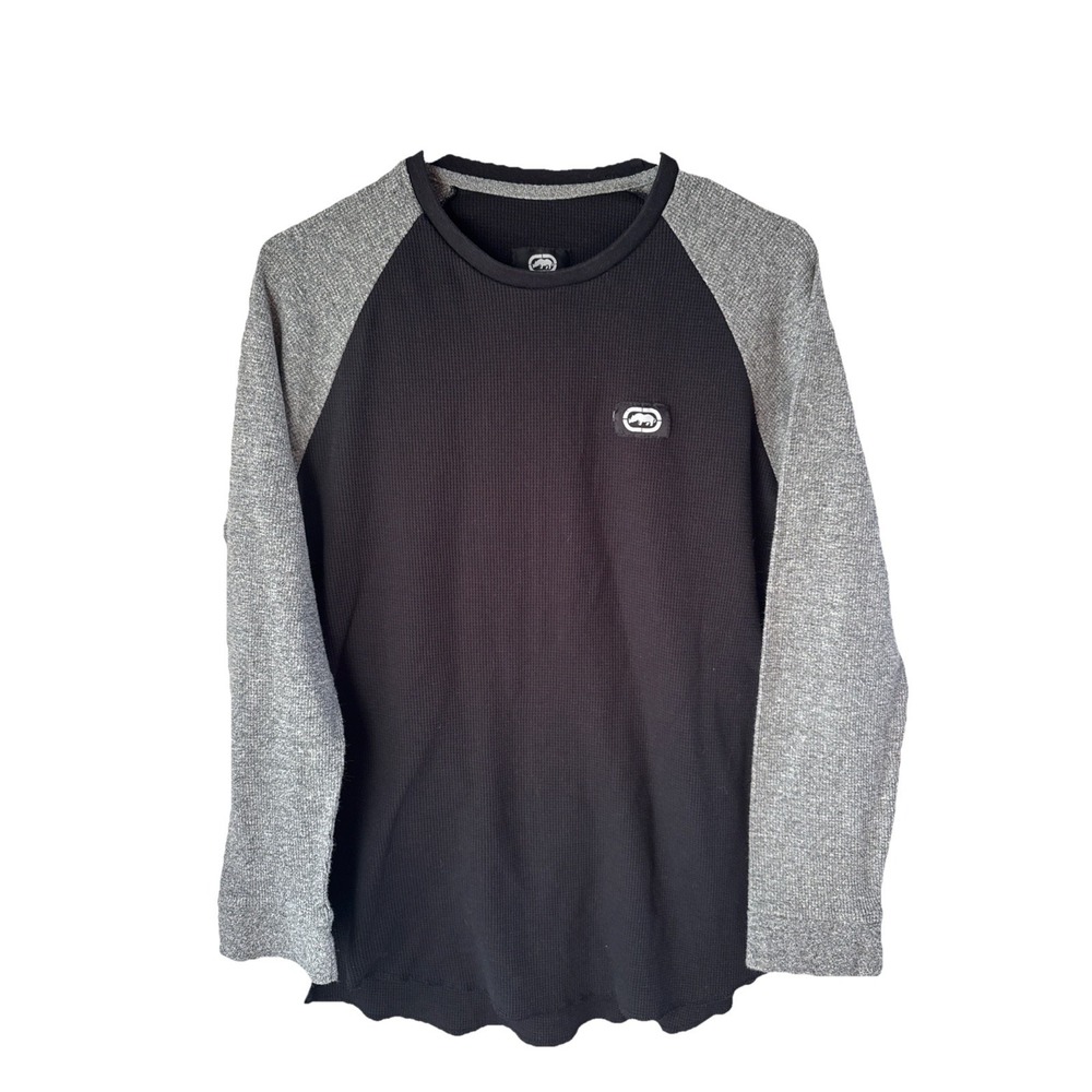 Ecko Unltd Shirt Adult Sz L Black Gray Waffle Knit Thermal Crew Neck Skater Mens